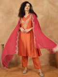 Zari Embroidered A Line Kurta With Trouser & Contrast Dupatta