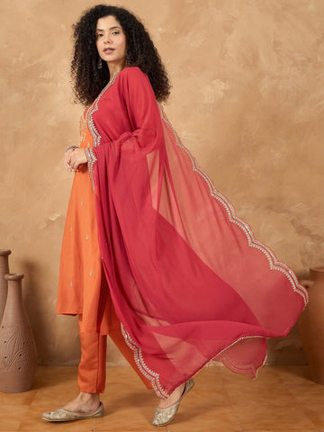 Zari Embroidered A Line Kurta With Trouser & Contrast Dupatta