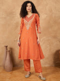 Zari Embroidered A Line Kurta With Trouser & Contrast Dupatta