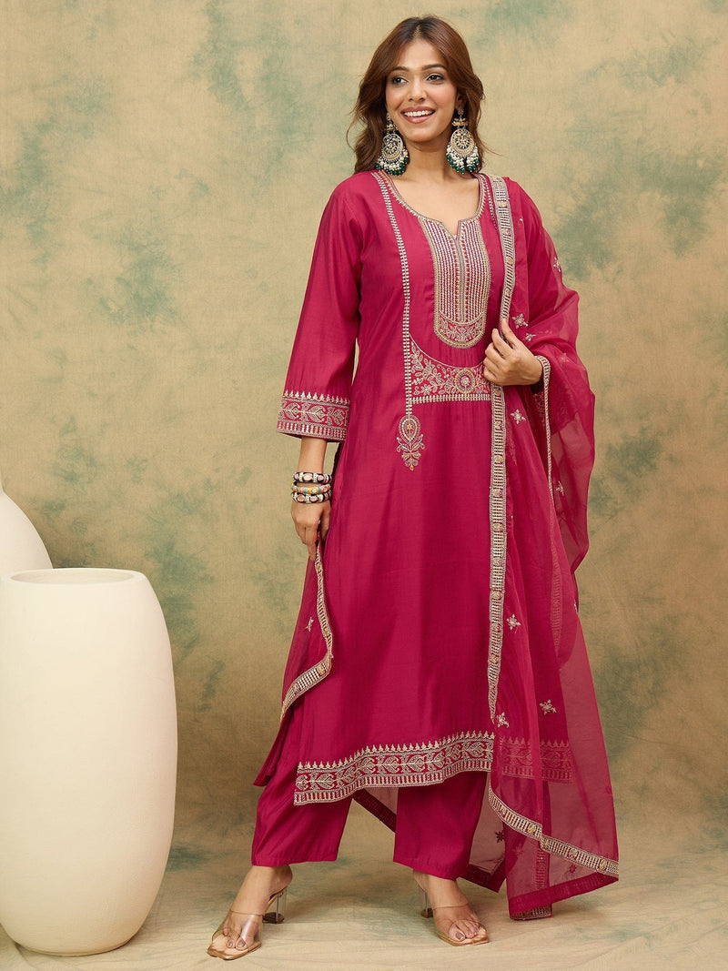 Zari Embroidered A Line Kurta With Trouser & Dupatta