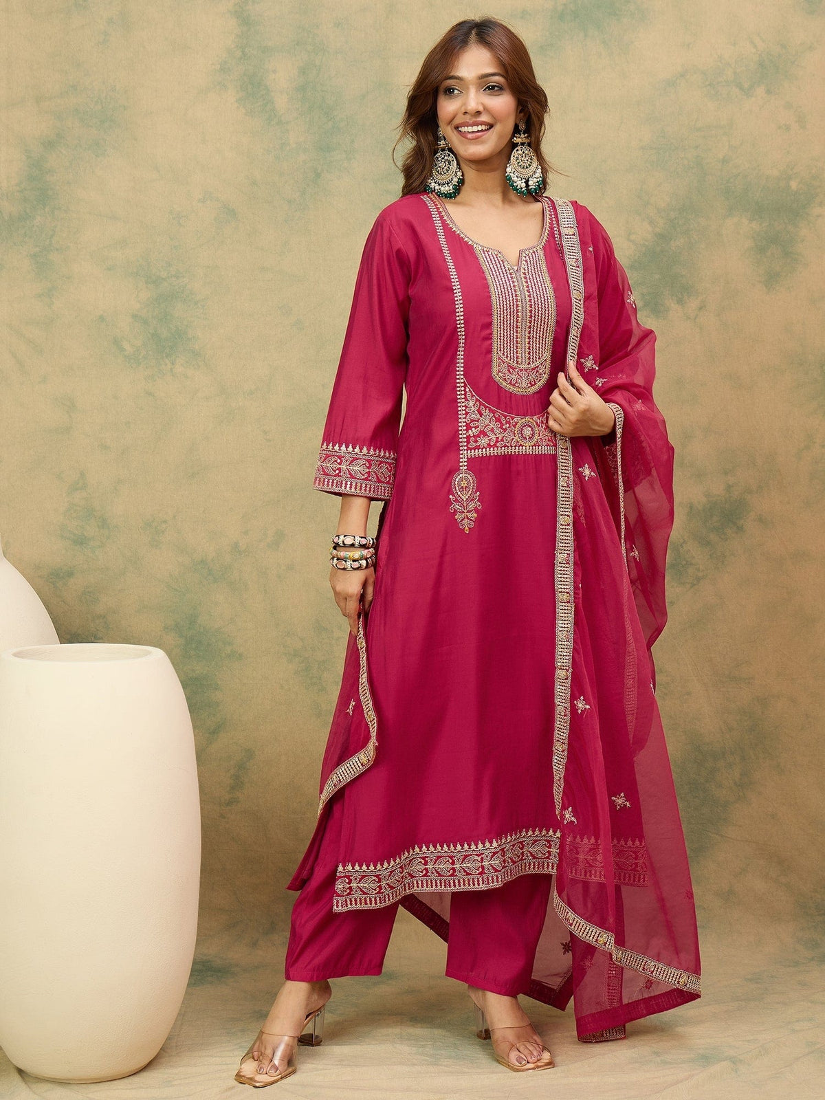Zari Embroidered A Line Kurta With Trouser & Dupatta