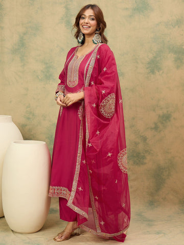 Zari Embroidered A Line Kurta With Trouser & Dupatta