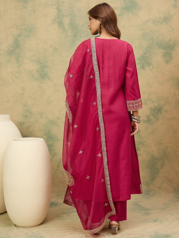 Zari Embroidered A Line Kurta With Trouser & Dupatta