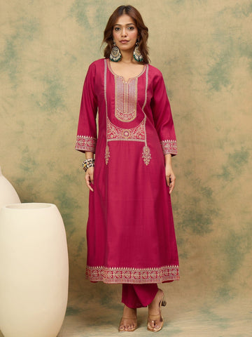Zari Embroidered A Line Kurta With Trouser & Dupatta
