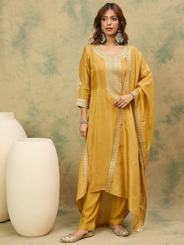 Zari Embroidered Yoke Kurta With Trouser And Dupatta