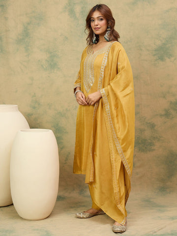 Zari Embroidered Yoke Kurta With Trouser And Dupatta