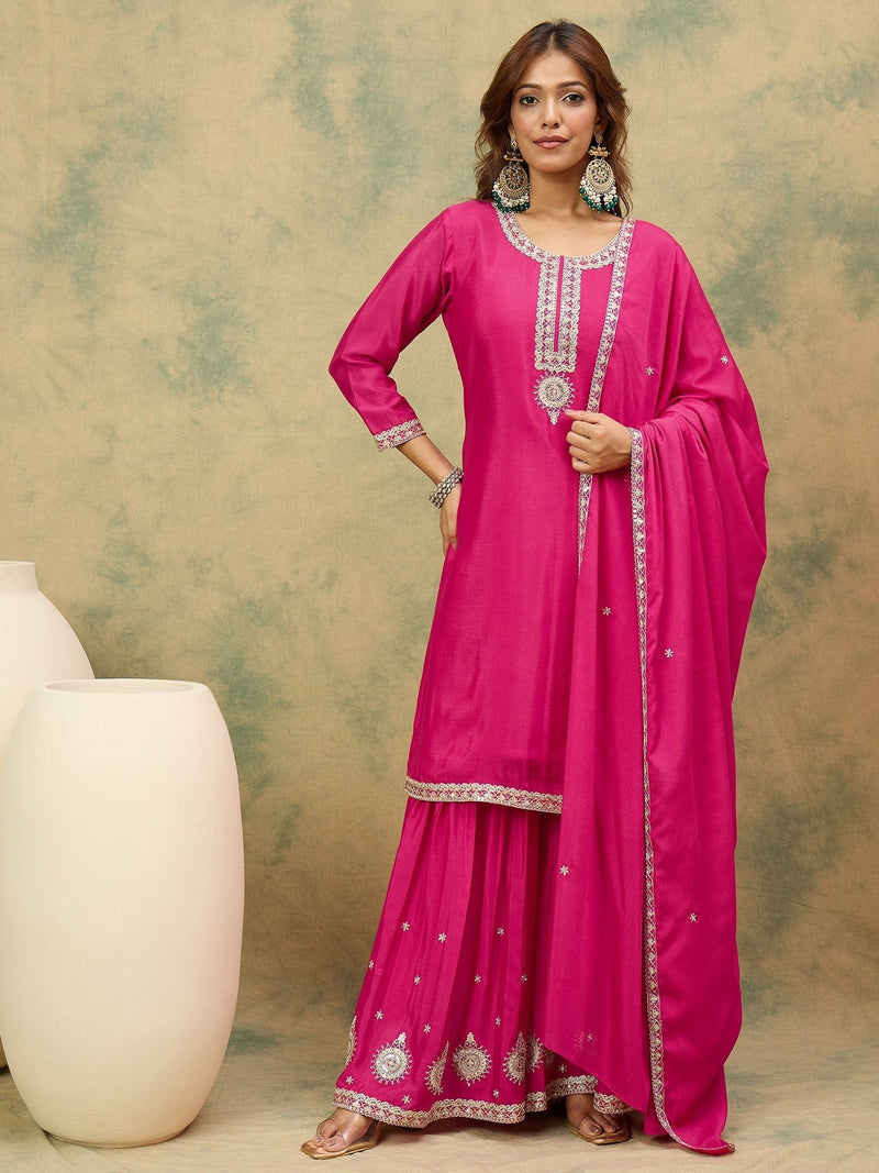 Varanga Women Zari Embroidered Yoke Kurta With Sharara And Dupatta