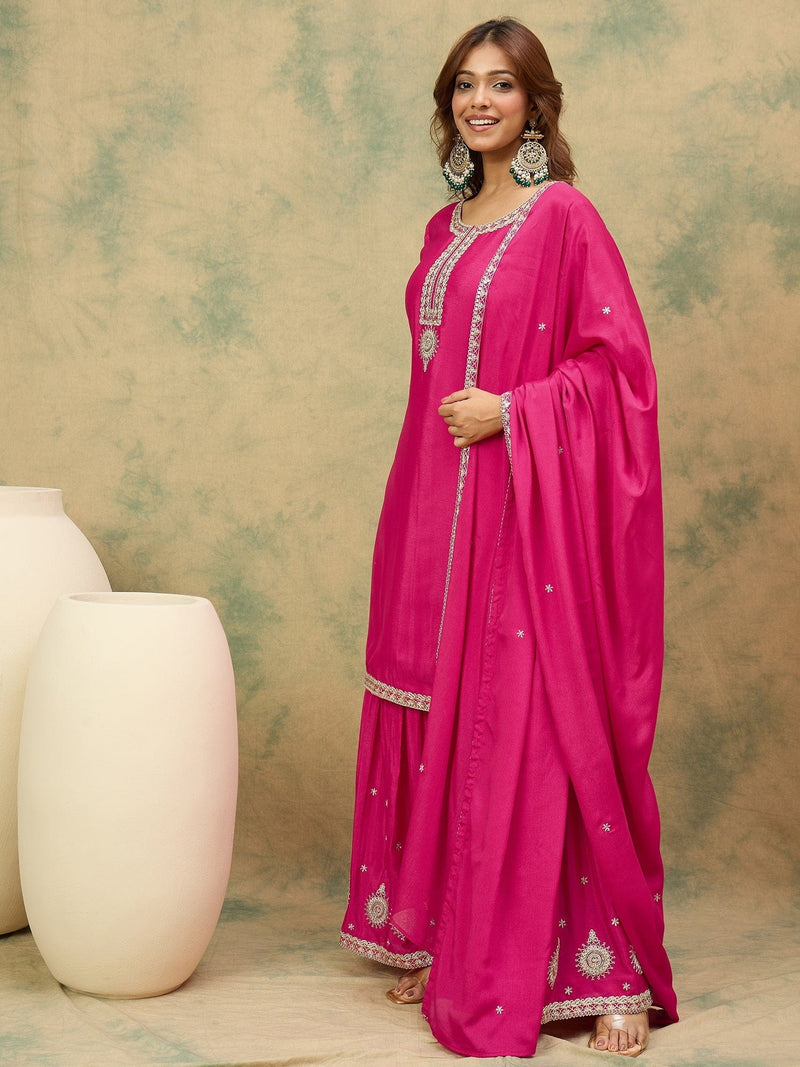 Varanga Women Zari Embroidered Yoke Kurta With Sharara And Dupatta