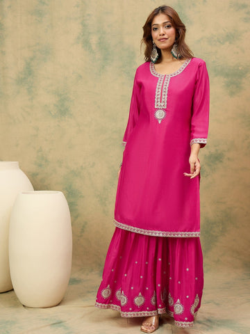 Varanga Women Zari Embroidered Yoke Kurta With Sharara And Dupatta