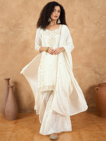 Zari Embroidered Yoke Kurta With Pant And Dupatta