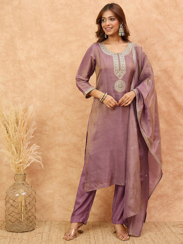 Zari Embroidered Yoke Kurta With Pant And Dupatta