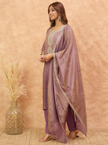 Zari Embroidered Yoke Kurta With Pant And Dupatta
