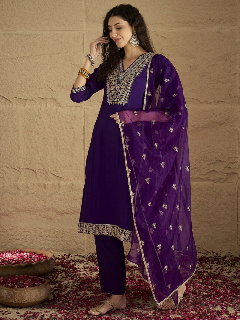 Varanga Women Zari Embroidered Yoke Kurta With Trouser & Sequins Detailed Dupatta
