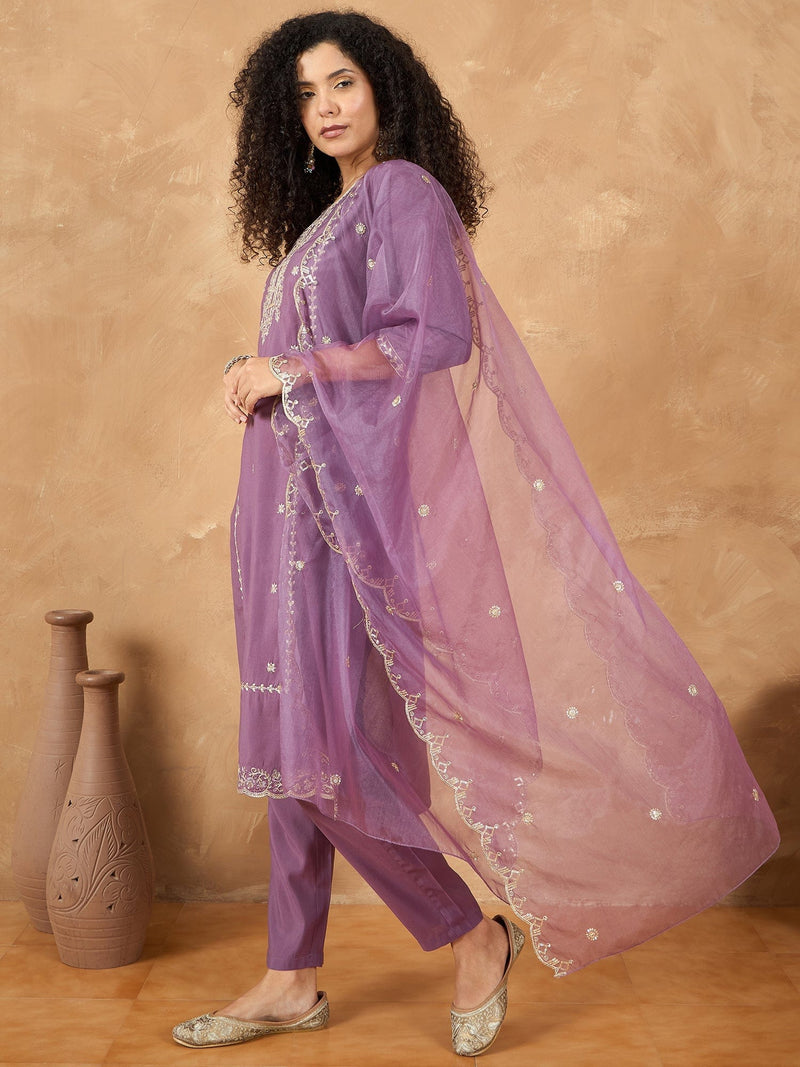 Zari Embroidered Yoke Kurta With Trousers & An All Over Embodiery Detailed Dupatta