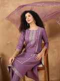 Zari Embroidered Yoke Kurta With Trousers & An All Over Embodiery Detailed Dupatta
