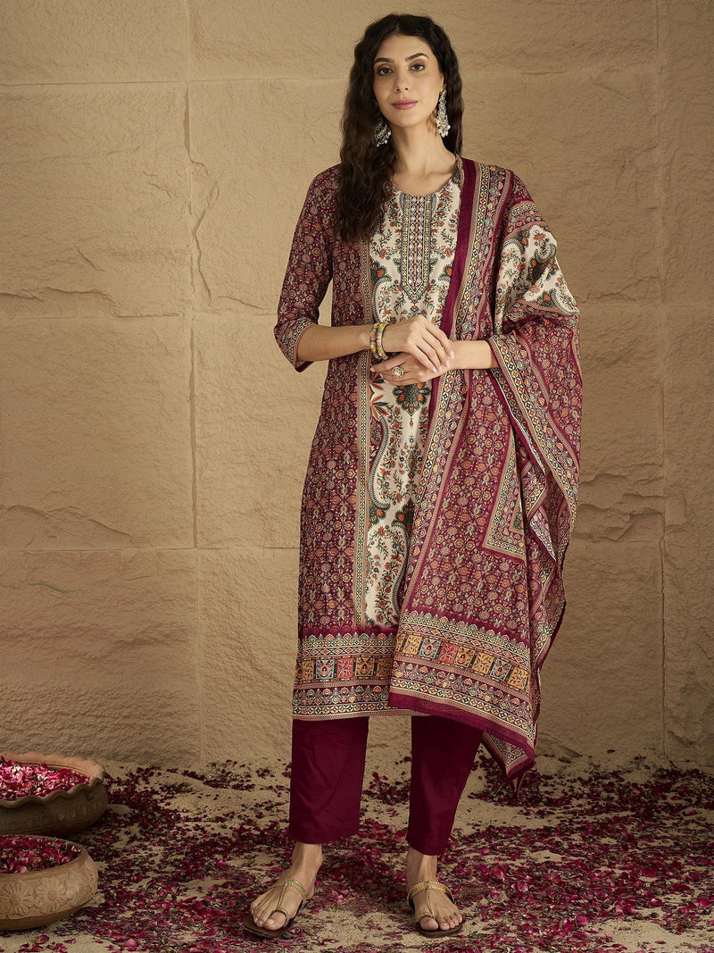 Ethnic Pakistani Printed Mirror And Thread Embroidered Kurta with Trouser & Dupatta