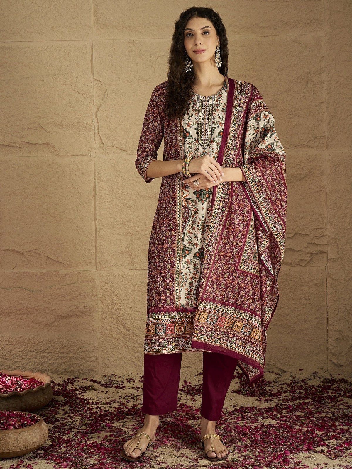 Ethnic Pakistani Printed Mirror And Thread Embroidered Kurta with Trouser & Dupatta