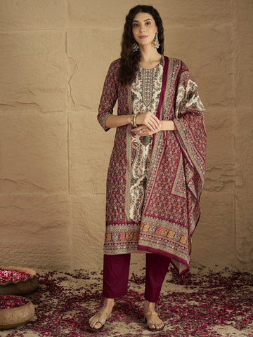 Ethnic Pakistani Printed Mirror And Thread Embroidered Kurta with Trouser & Dupatta