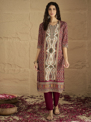 Ethnic Pakistani Printed Mirror And Thread Embroidered Kurta with Trouser & Dupatta