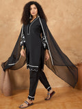 Kurta Set With 3D Work On The Sleeves Paired With Solid Trousers And Dupatta