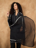 Kurta Set With 3D Work On The Sleeves Paired With Solid Trousers And Dupatta