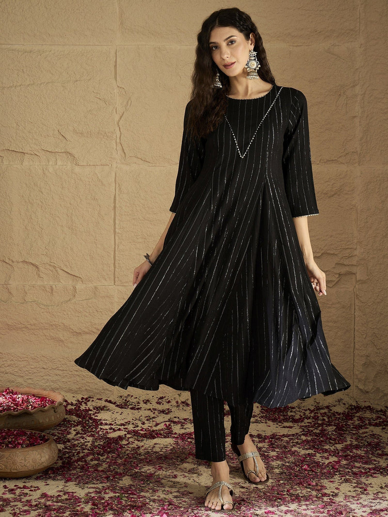 Varanga Women Black Lurex Crepe Anarkali Kurta With Trousers.