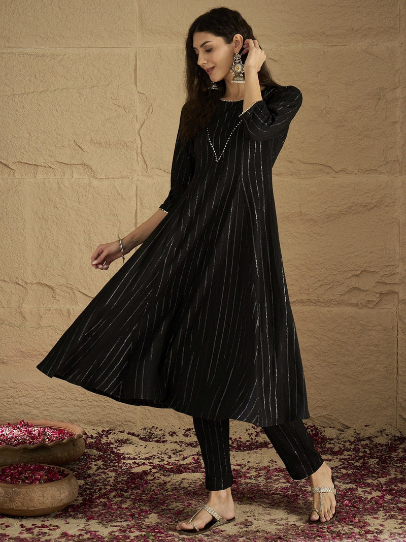 Varanga Women Black Lurex Crepe Anarkali Kurta With Trousers.