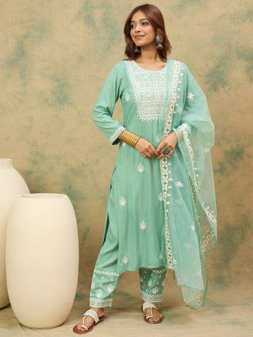 Varanga Women Ethnic Motifs Embroidered Thread Work Kurta with Trousers & With Dupatta