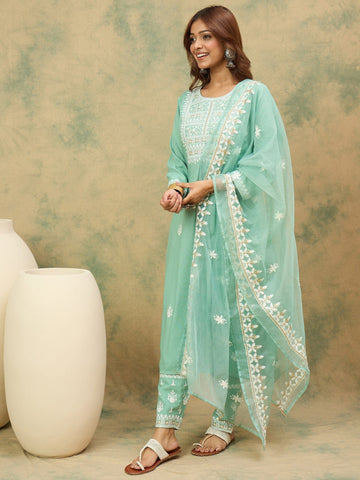 Varanga Women Ethnic Motifs Embroidered Thread Work Kurta with Trousers & With Dupatta