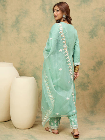 Varanga Women Ethnic Motifs Embroidered Thread Work Kurta with Trousers & With Dupatta