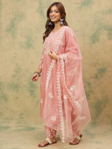 Varanga Women Peach Ethnic Motifs Embroidered Thread Work Pure Cotton Kurta Set