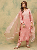 Varanga Women Peach Ethnic Motifs Embroidered Thread Work Pure Cotton Kurta Set