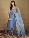 Varanga Women Blue Straight Kurta With Tonal Bottom & Dupatta