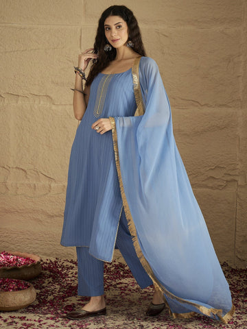 Varanga Women Blue Straight Kurta With Tonal Bottom & Dupatta