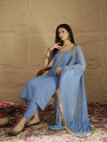Varanga Women Blue Straight Kurta With Tonal Bottom & Dupatta