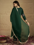 Green Embroidered Straight Kurta Paired With Tonal Embroidered Bottom And With Tonal Chiffon Dotted Dupatta