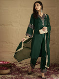 Green Embroidered Straight Kurta Paired With Tonal Embroidered Bottom And With Tonal Chiffon Dotted Dupatta