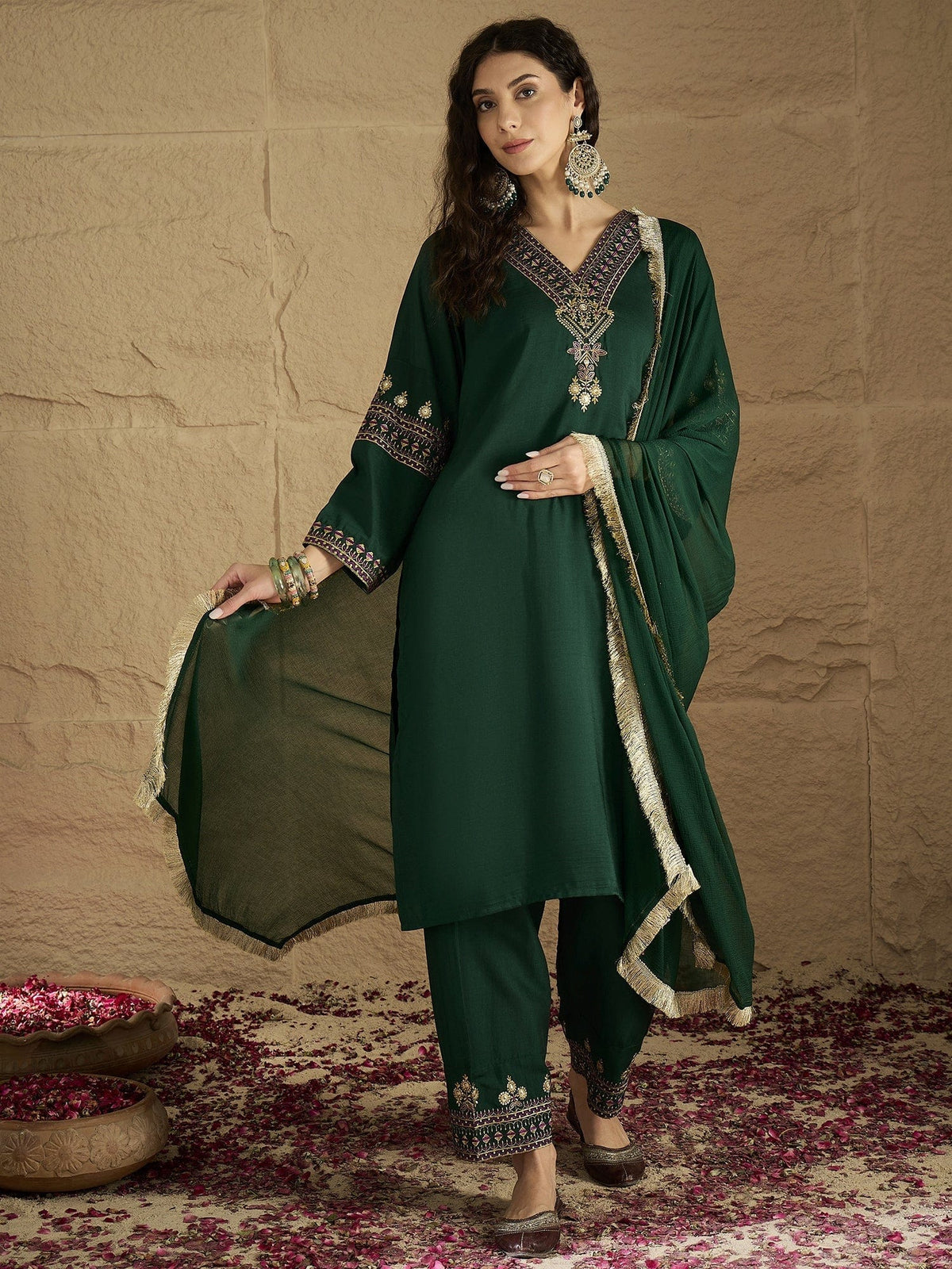 Green Embroidered Straight Kurta Paired With Tonal Embroidered Bottom And With Tonal Chiffon Dotted Dupatta