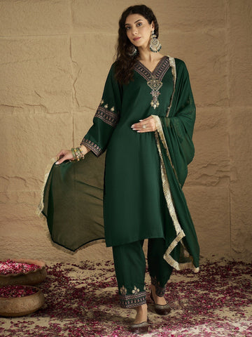 Green Embroidered Straight Kurta Paired With Tonal Embroidered Bottom And With Tonal Chiffon Dotted Dupatta