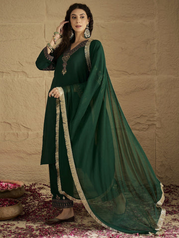 Green Embroidered Straight Kurta Paired With Tonal Embroidered Bottom And With Tonal Chiffon Dotted Dupatta