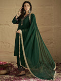 Green Embroidered Straight Kurta Paired With Tonal Embroidered Bottom And With Tonal Chiffon Dotted Dupatta