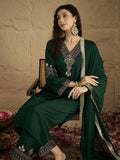 Green Embroidered Straight Kurta Paired With Tonal Embroidered Bottom And With Tonal Chiffon Dotted Dupatta