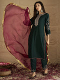 Varanga Zari & Sequin Yoke Embroidered Straight Kurta Paired with Tonal Embroidered Bottom And Contrast Dupatta with Fringes