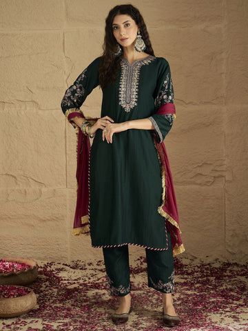 Varanga Zari & Sequin Yoke Embroidered Straight Kurta Paired with Tonal Embroidered Bottom And Contrast Dupatta with Fringes
