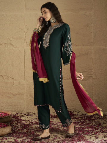 Varanga Zari & Sequin Yoke Embroidered Straight Kurta Paired with Tonal Embroidered Bottom And Contrast Dupatta with Fringes