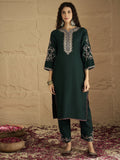 Varanga Zari & Sequin Yoke Embroidered Straight Kurta Paired with Tonal Embroidered Bottom And Contrast Dupatta with Fringes