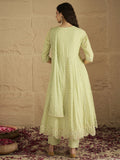 Varanga Women Lime Green Mirror And Thread Embroidered,Gotta Embellished Scalloped Schiffli Anarkali Kurta Paired Wirh Printed Bottom And Embroidered Dupatta