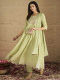 Varanga Women Lime Green Mirror And Thread Embroidered,Gotta Embellished Scalloped Schiffli Anarkali Kurta Paired Wirh Printed Bottom And Embroidered Dupatta