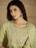 Varanga Women Lime Green Mirror And Thread Embroidered,Gotta Embellished Scalloped Schiffli Anarkali Kurta Paired Wirh Printed Bottom And Embroidered Dupatta