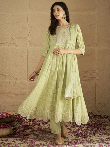 Varanga Women Lime Green Mirror And Thread Embroidered,Gotta Embellished Scalloped Schiffli Anarkali Kurta Paired Wirh Printed Bottom And Embroidered Dupatta